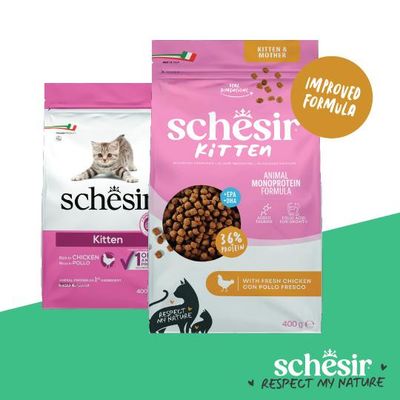 Schesir Kitten Animal Monoprotein Formula, 36 % protein, med färsk kyckling, förbättrad recept, 400 g. För kattungar och mamma. Italiensk flagga synlig.