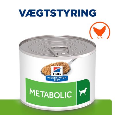 Hill's Prescription Diet METABOLIC dåsefoder med billede af hund, tekst 'VÆGTSTYRING' og ikon af kylling synligt på emballagen.