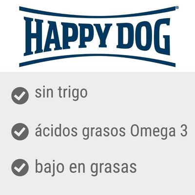 Happy Dog. Sin trigo, ácidos grasos Omega 3, bajo en grasas.