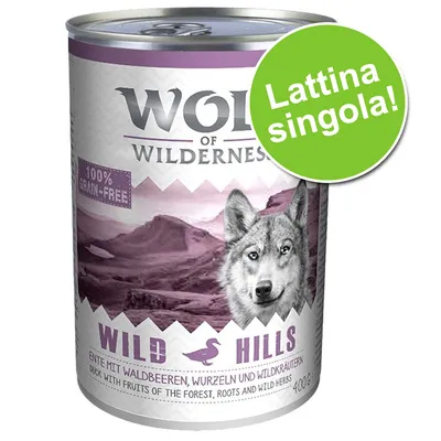 Wolf of Wilderness Wild Hills, lattina singola 400 g, 100% grain-free. Ente con frutti di bosco, radici ed erbe selvatiche. Testo in tedesco e inglese visibile sull'etichetta.