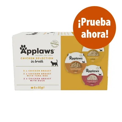 Applaws Natural Cat Food Chicken Selection in broth, 8 x 60 g. 3x chicken breast, 3x chicken breast with tuna roe, 2x chicken breast with duck. Texto: ¡Prueba ahora!