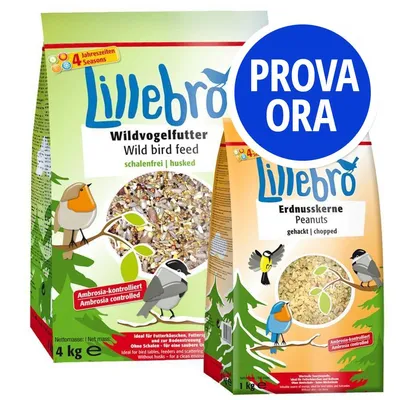 Due confezioni Lillebro: mangime per uccelli selvatici 4 kg e arachidi tritate 1 kg, testi in tedesco e inglese, etichetta rossa 'Ambrosia controlled', bollino blu con scritta 'PROVA ORA'.