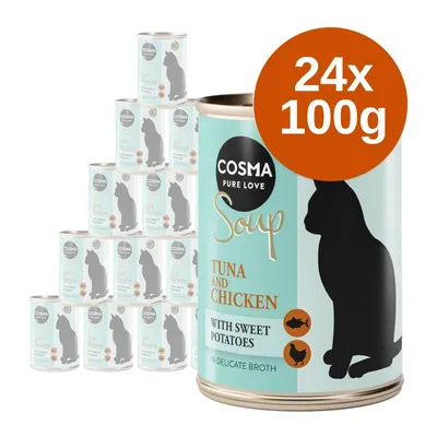 Cosma Pure Love Soup macskaeledel, tonhal és csirke édesburgonyával, 24×100 g konzervcsomag, felirat: Tuna and Chicken with Sweet Potatoes in Delicate Broth Cosma Pure Love Soup macskaeledel, tonhal és csirke édesburgonyával, 24×100 g konzervcsomag, felirat: Tuna and Chicken with Sweet Potatoes in Delicate Broth