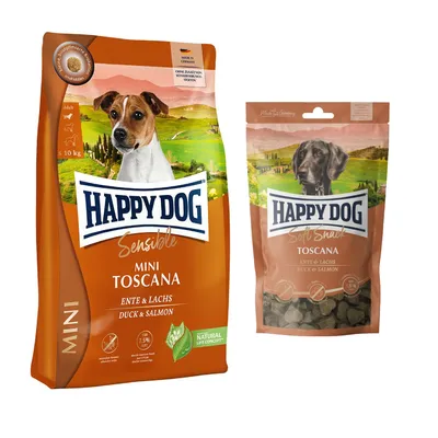 Happy Dog Kombi-Paket: 2 x 4 kg Sensible mini Trockenfutter + 4 x 100 g Soft Snack -  2 x 4 kg Toscana + 4 x 100 g Toscana