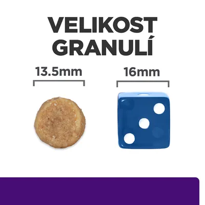Velikost granulí: průměr granule 13,5 mm vedle modré kostky o velikosti 16 mm pro porovnání.