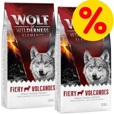 Wolf of Wilderness Elements Fiery Volcanoes, proteína animal única, carne fresca de cordero, receta sin cereales, 12 kg. Oferta destacada con símbolo de porcentaje.