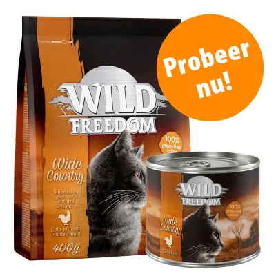 Wild Freedom Wide Country kattenvoer, 400 g zak en blik. Tekst: 100% graanvrije receptuur, lots of fresh poultry meat. Oranje cirkel met tekst: Probeer nu!