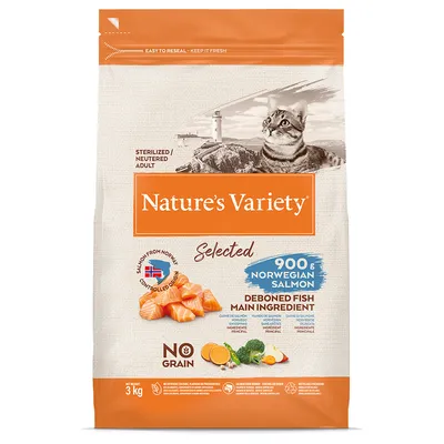 Nature's Variety Selected macskaeledel ivartalanított macskáknak, fő összetevő 900g norvég lazac, gabonamentes, zöldségekkel és természetes összetevőkkel. Kiszerelés: 3kg.