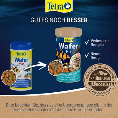Tetra Wafer Mix mit verbessertem Rezept, neuem Design und natürlichen Inhaltsstoffen. Ohne Zusatz von Konservierungsstoffen oder Farbstoffen. Hinweis: Übergangsphase zu neuem Produkt.
