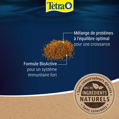Tetra. Mélange de protéines pour un équilibre et une croissance optimaux, formule BioActive pour un système immunitaire fort, avec des ingrédients naturels, sans additifs ni colorants.