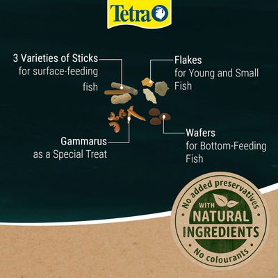 Tetra: 3 types of sticks for surface-feeding fish, flakes for young and small fish, gammarus as a special treat, wafers for bottom-feeding fish. Free from additives.