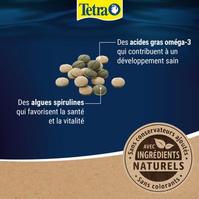 Tetra comprimés alimentaires avec algues spiruline et acides gras oméga-3, favorise la santé et la vitalité. Avec des ingrédients naturels, sans conservateurs ni colorants.