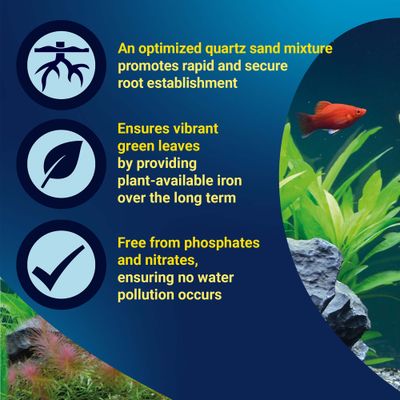 Optimised quartz sand blend for rapid root development, long-lasting iron for green leaves, free from phosphates and nitrates to prevent water pollution.