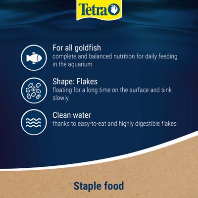 Tetra. For all goldfish: complete nutrition for daily feeding. Form: flakes, float for a long time and sink slowly. Clean water thanks to easily digestible flakes.