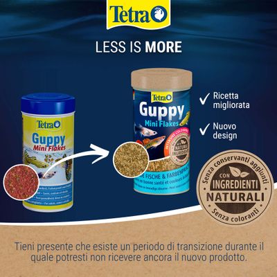 Tetra Guppy Mini Flakes con nuovo design e ricetta migliorata, componenti naturali, senza aggiunta di conservanti o coloranti. Nota sulla fase di transizione durante il cambio del prodotto.