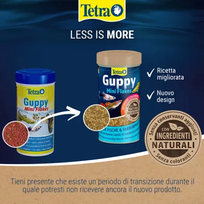 Tetra Guppy Mini Flakes con nuovo design e ricetta migliorata, componenti naturali, senza aggiunta di conservanti o coloranti. Nota sulla fase di transizione durante il cambio del prodotto.