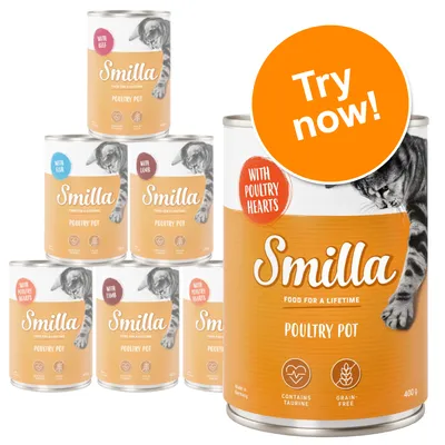 Smilla Poultry Pot cat food tins, visible flavours: with beef, fish, lamb, poultry hearts. Labels show 'Contains taurine', 'Grain-free', 400g. Large orange circle reads 'Try now!'.