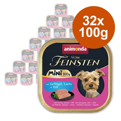 Animonda Vom Feinsten Mini 32x100g, wet food with poultry, salmon and dill for dogs. Image of a tray with product and dog.