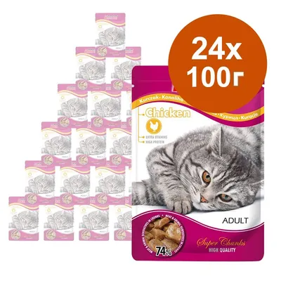 Пакетчета с храна за котки Adult Chicken, 24 броя по 100 г. Видими надписи: Extra vitamins, High protein, 74%. Снимка на сива котка върху опаковката. Пакетчета с храна за котки Adult Chicken, 24 броя по 100 г. Видими надписи: Extra vitamins, High protein, 74%. Снимка на сива котка върху опаковката.