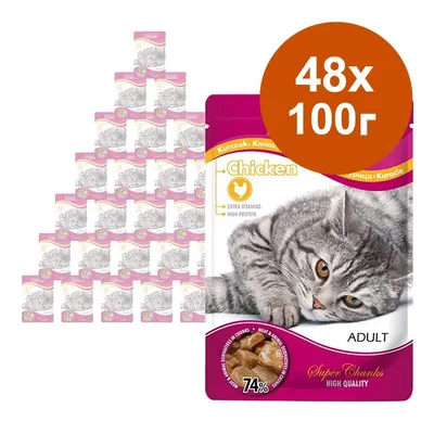 Пакет с 48 пауча котешка храна Chicken, всеки по 100 г. На опаковката: снимка на сива котка, надпис 'Chicken', 'EXTRA VITAMINS', 'HIGH PROTEIN', '74%', 'ADULT'.