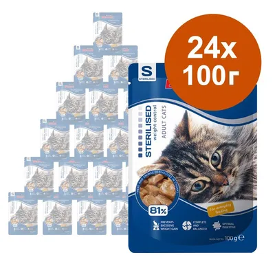 Пакетчета храна за котки STERILISED weight control ADULT CATS, 24 броя по 100 г. Видими надписи: 81 %, prevents excessive weight gain, complete and balanced, optimal digestive. Пакетчета храна за котки STERILISED weight control ADULT CATS, 24 броя по 100 г. Видими надписи: 81 %, prevents excessive weight gain, complete and balanced, optimal digestive.