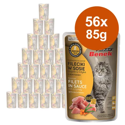 Lot de 56 sachets Benek Fileciki w Sosie pour chat, 85 g chacun, filet en sauce à la dinde avec argousier. Texte visible : 'Grain Free Recipe', '88 % produits d’origine animale'.