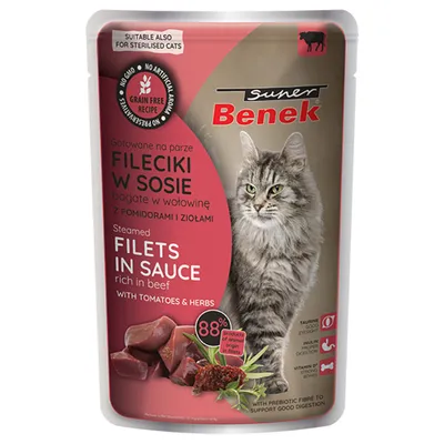 Voordeelpakket Super Benek Graanvrij Gestoomde Filets 56 x 85 g - Rundvlees met tomaten in saus