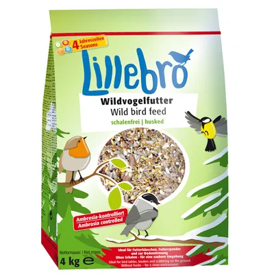 Lillebro wild bird food, shell-free, Ambrosia-controlled, ideal for feeding tables and ground spreading. Net weight: 4 kg.