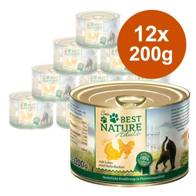 Best Nature Adult macskaeledel, 12x 200g konzerv, májjal és zabpehellyel, természetes prémium minőségű táplálék.