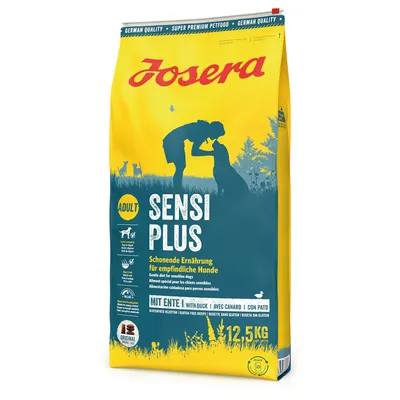 Sac Josera Sensi Plus Adult pour chiens sensibles, avec canard, recette sans gluten, 12,5 kg. Texte multilingue visible : alimentation soignée pour chiens sensibles.