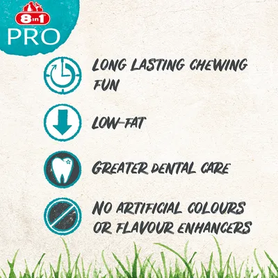 Long lasting chewing fun, low-fat, greater dental care, no artificial colours or flavour enhancers. 8 in 1 PRO brand shown.