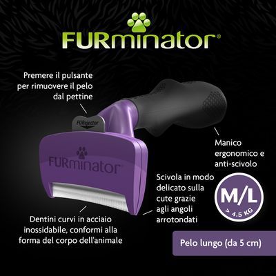FURminator, dentini curvi in acciaio inox, manico ergonomico e anti-scivolo, pulsante per rimuovere il pelo, angoli arrotondati, taglia M/L >4,5 kg, pelo lungo da 5 cm.