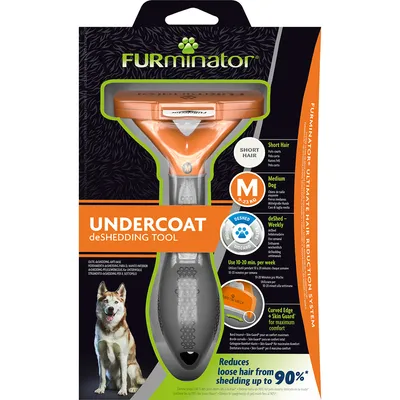 FURminator Undercoat deShedding Tool, taille M, pour chien à poils courts 9–23 kg. Texte visible : réduit la perte de poils jusqu’à 90 %, utilisation 10–20 min/semaine.