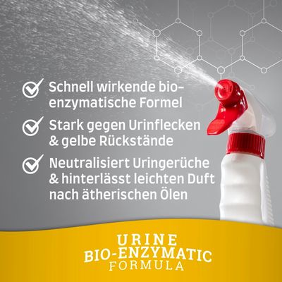 Schnell wirkende bio-enzymatische Formel, stark gegen Urinflecken und gelbe Rückstände, neutralisiert Uringerüche und hinterlässt leichten Duft nach ätherischen Ölen.