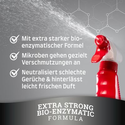 Mit extra starker bio-enzymatischer Formel. Mikroben gehen gezielt Verschmutzungen an. Neutralisiert schlechte Gerüche und hinterlässt leicht frischen Duft. Extra Strong Bio-Enzymatic Formula.