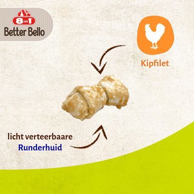 8in1 Better Bello Chicken Bones, licht verteerbaar, zonder kunstmatige kleurstoffen, aroma’s of conserveermiddelen. XS-maat voor honden onder 5kg. Verpakking toont product en details.