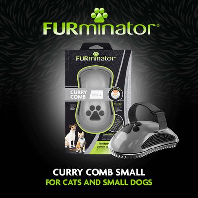 FURminator Curry Comb Small pre mačky a malé psy, zobrazený s obalom a produktom. Vhodný pre všetky typy srsti.