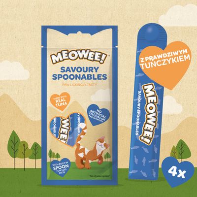 Meowee! Savoury Spoonables. Z prawdziwym tuńczykiem, bez sztucznych barwników i konserwantów, wbudowana łyżeczka dla mniejszego bałaganu. Ilustracja kota.
