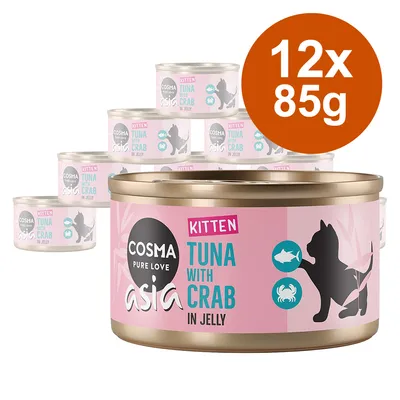 Pack de 12 latas de 85 g de Cosma Asia Kitten Tuna with Crab in Jelly. Etiqueta rosa con silueta de gato, iconos de pez y cangrejo, texto en inglés visible en el envase.