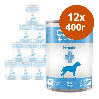 Calibra Veterinary Diets Hepatic, 12 консерви по 400 г за кучета. Видими надписи: Clinically proven, Liver support system, 400 g for dogs.