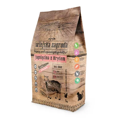 wiejska zagroda jagnięcina z krylem, 5 kg, sans céréales, 77,5 % viande, 22,5 % krill et autres ingrédients, illustration de mouton, texte en polonais, pour chat visible sur l’emballage