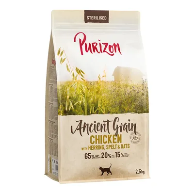 Purizon Sterilised Ancient Grain Chicken with Herring, Spelt & Oats, 65 % protein, 20 % obilí, 15 % ovoce a zelenina, balení 2,5 kg. Obrázek kočky na obalu.