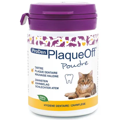 ProDen PlaqueOff Poudre -purkki, kannessa violetti kansi, etiketissä kissa, tekstit: tartre, plaque dentaire, mauvaise haleine, 100 % naturel, hygiène dentaire/zahnpflege.
