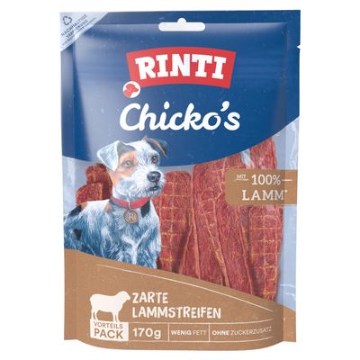 RINTI Extra Chicko, 100% Lamm im Fleischanteil, Wenig Fett ohne Zucker, Zarte Lammstreifen, 170g. Ilustrace psa a proužky masa na obalu.