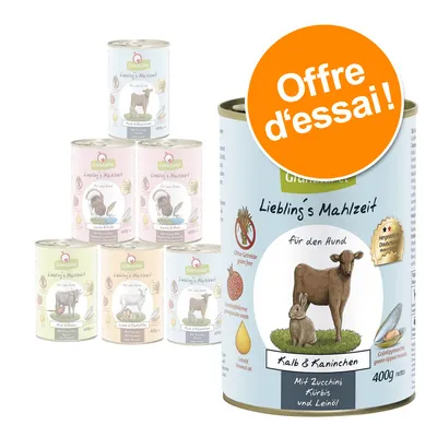 GranataPet Liebling's Mahlzeit pour chien, Kalb & Kaninchen, 400 g. Offre d'essai. Sans céréales, graines de grenade, huile de lin. Texte en allemand sur l'emballage. GranataPet Liebling's Mahlzeit pour chien, Kalb & Kaninchen, 400 g. Offre d'essai. Sans céréales, graines de grenade, huile de lin. Texte en allemand sur l'emballage.