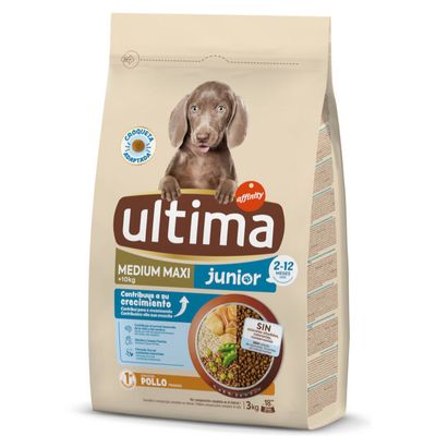 Ultima Junior Medium Maxi +10kg, pollo, per cani da 1 a 12 mesi. Senza zuccheri aggiunti, coloranti artificiali e conservanti. Ingredienti: riso, cereali, verdure. Confezione 3kg.