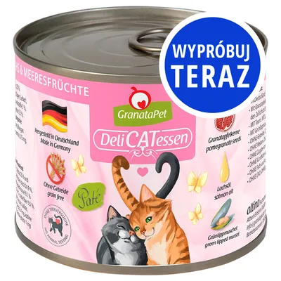 GranataPet DeliCATessen, puszka z karmą dla kotów. Widoczne napisy: Wypróbuj teraz, Hergestellt in Deutschland, Ohne Getreide, Paté, Ohne Tierversuche, Granatapfelkerne, Lachsöl, Grünlippmuschel.
