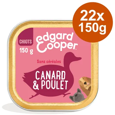 Edgard Cooper nourriture humide pour chiots, 22x150g, saveur canard et poulet, sans céréales.