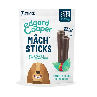 Edgard Cooper Mâch' Sticks pour chiens de taille moyenne (10-25kg), 7 pièces, fraise et huile de menthe, faible en calories, longue durée de mastication.