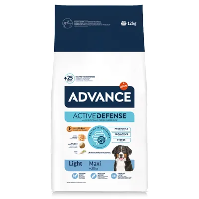 Advance Active Defense Light Maxi храна за кучета с пиле, 12 кг. Съдържа пребиотици, пробиотици и фибри. За кучета над 30 кг. Подпомага ставите и засища при ниско съдържание на мазнини.